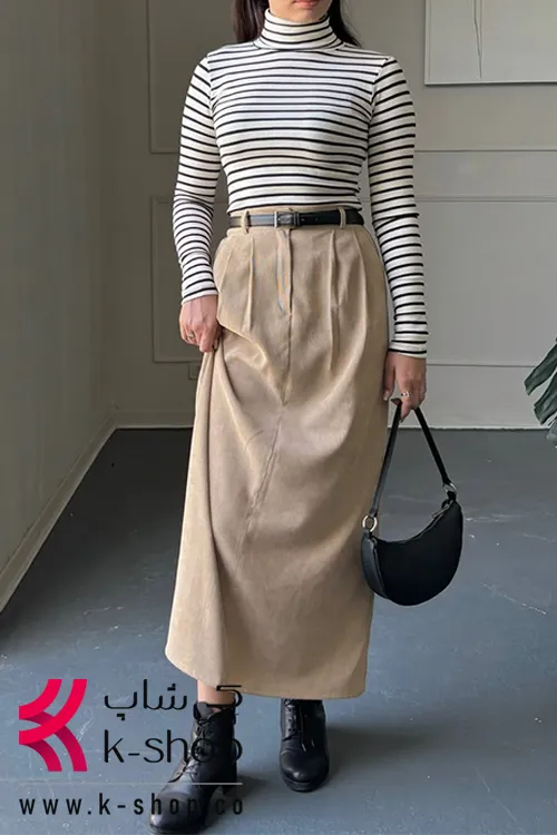 ست بلوز راه راه و دامن راسته پاییزه