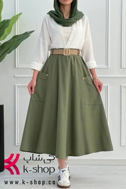 دامن کارگو با کمربند پارچه ای رنگ سبز ریتونی 