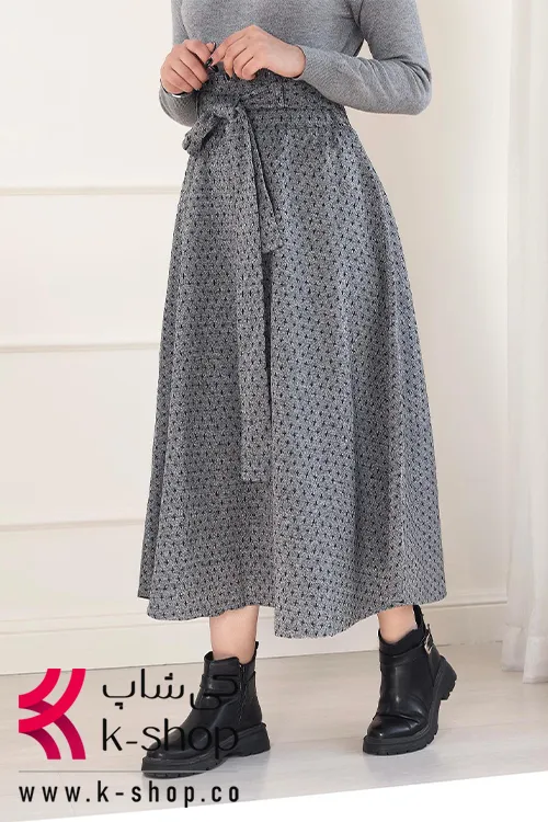 ست بلوز و دامن کلوش کمربند پاپیونی رنگ خاکستری