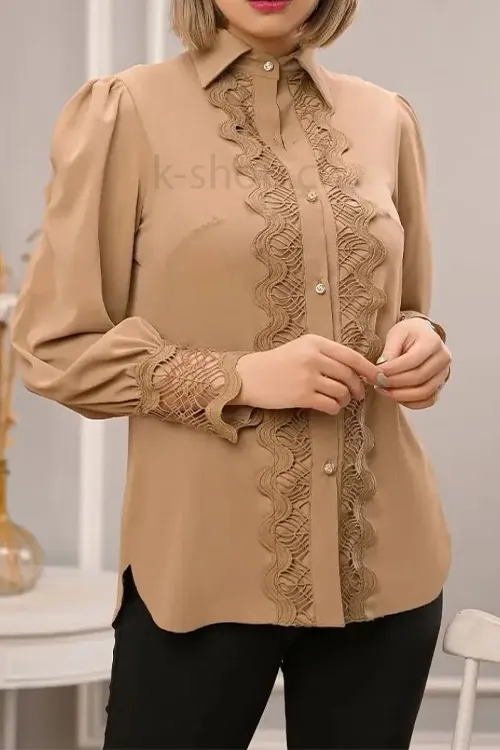 شومیز گیپوری دکمه دار رنگ قهوه ای روشن