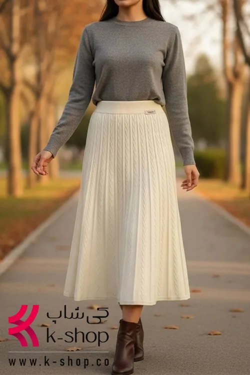 دامن پاییزه پلیسه ای طرح دار کرم