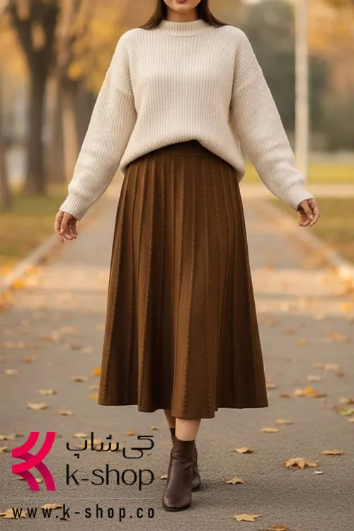دامن پاییزه پلیسه ای رنگ قهوه ای
