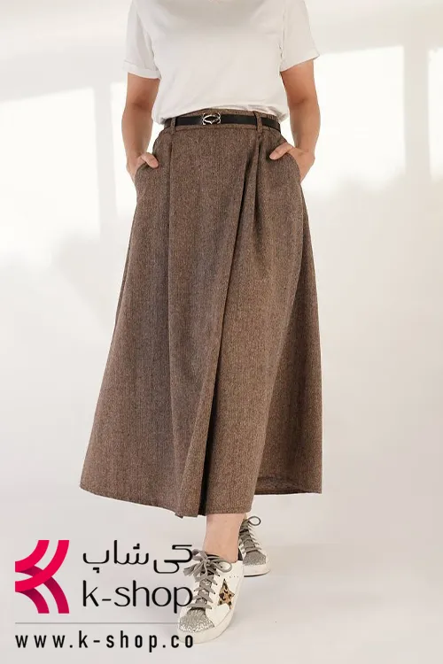 دامن پاییزه میدی کمربند دار رنگ قهوه ای