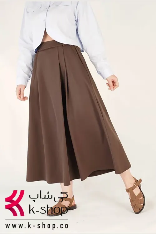 دامن پاییزه چین دار میدی رنگ قهوه ای