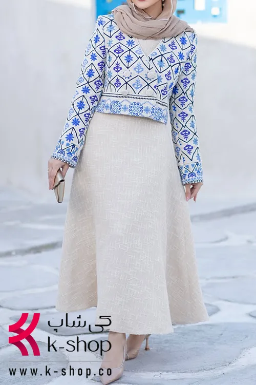 دامن پاییزه خامه دوزی شده رنگ کرم