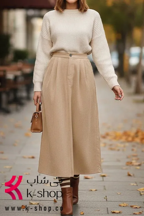 ست دامن پاییزه چین دار و بافت زنانه رنگ کرم