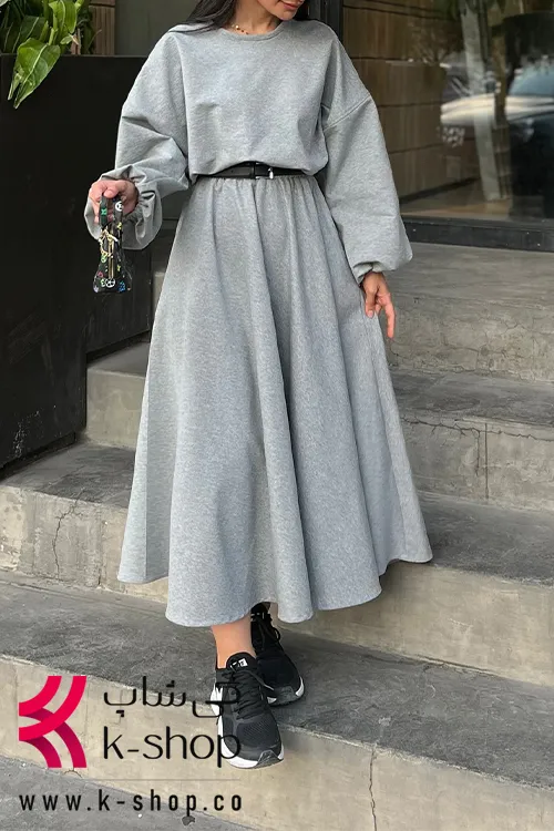 ست دامن پاییزه کمربند دار رنگ خاکستری