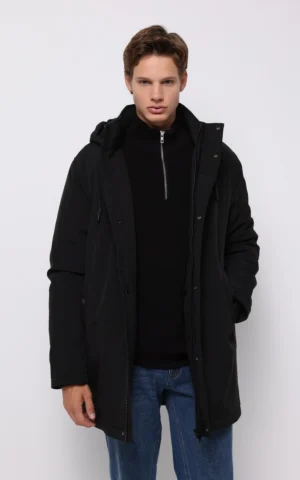 کاپشن مردانه زیپ‌دار کلاه‌دار گرم پاییز-زمستانه مشکی کلینز