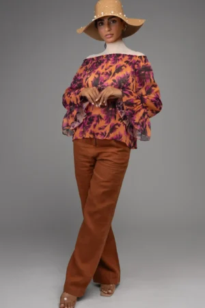 دکلته بلوز طرح گل آستین پف دار بادکنکی زنانه نوادو