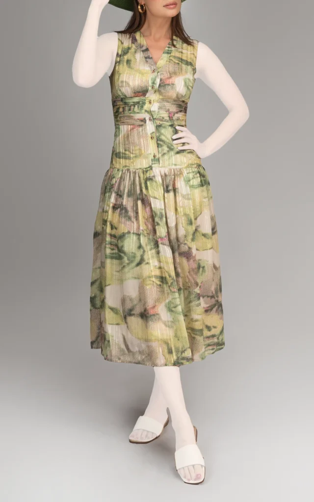 پیراهن زنانه سبز طرح‌دار بدون آستین یقه‌دار بهار-تابستانه نوادو