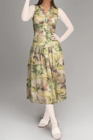 پیراهن زنانه سبز طرح‌دار بدون آستین یقه‌دار بهار-تابستانه نوادو