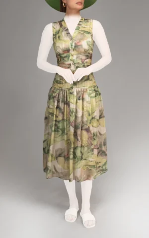 پیراهن زنانه سبز طرح‌دار بدون آستین یقه‌دار بهار-تابستانه نوادو