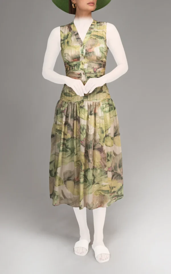 پیراهن زنانه سبز طرح‌دار بدون آستین یقه‌دار بهار-تابستانه نوادو