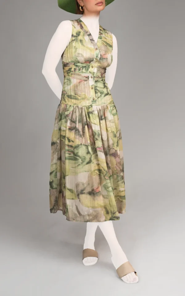 پیراهن زنانه سبز طرح‌دار بدون آستین یقه‌دار بهار-تابستانه نوادو