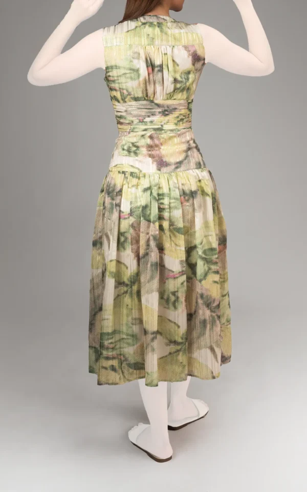 پیراهن زنانه سبز طرح‌دار بدون آستین یقه‌دار بهار-تابستانه نوادو