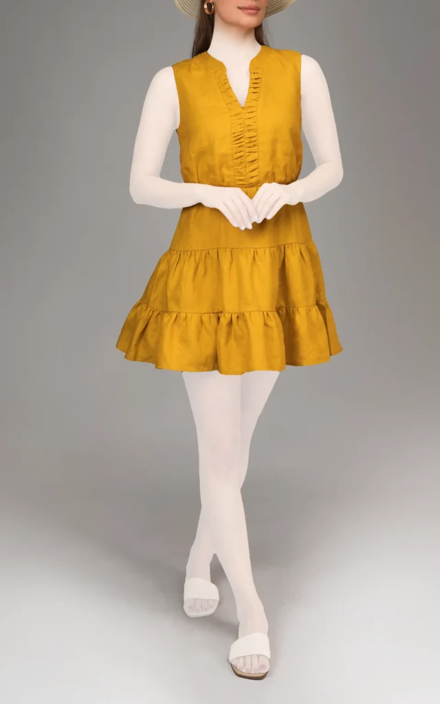 پیراهن زنانه خردلی بدون آستین بهار-تابستانه نوادو