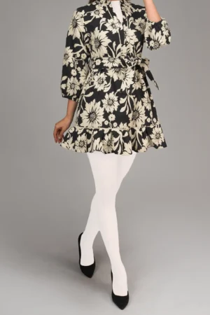 پیراهن زنانه سفید مشکی طرح‌گل آستین بلند بنددار بهار-تابستانه نوادو