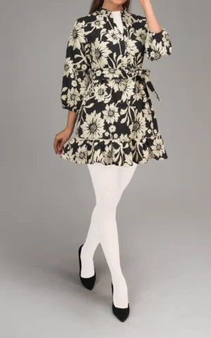 پیراهن زنانه سفید مشکی طرح‌گل آستین بلند بنددار بهار-تابستانه نوادو