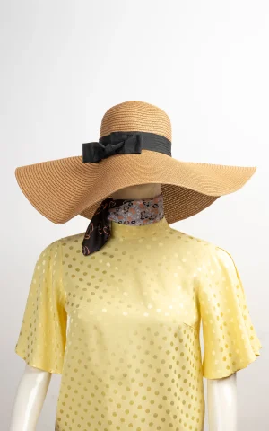 کلاه ساحلی بزرگ زنانه نوادو روبان دار رنگ شتری
