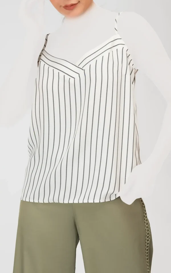 تاپ زنانه بدون آستین بهار-تابستانه طرح‌دار سفید زیتونی راه‌راه نوادو