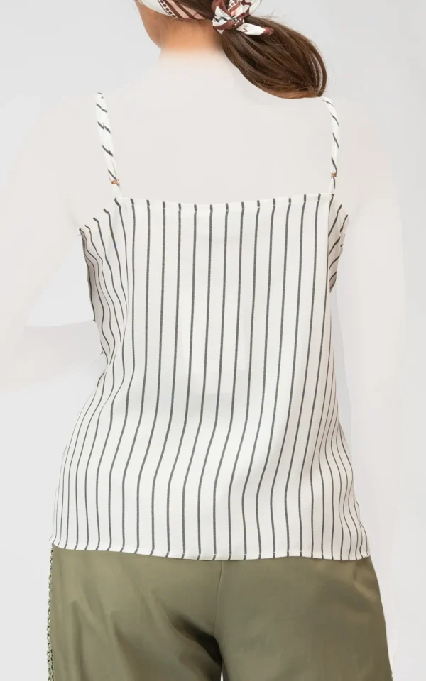 تاپ زنانه بدون آستین بهار-تابستانه طرح‌دار سفید زیتونی راه‌راه نوادو