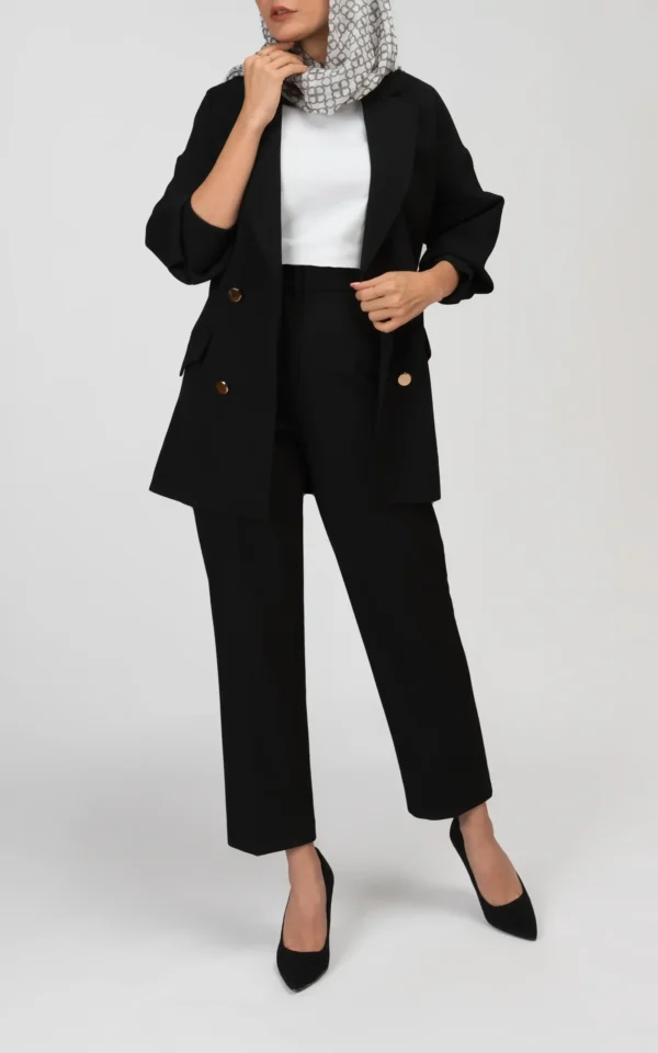 کت زنانه مشکی کمربند و دکمه‌دار بهارنابستانه مجلسی نوادو