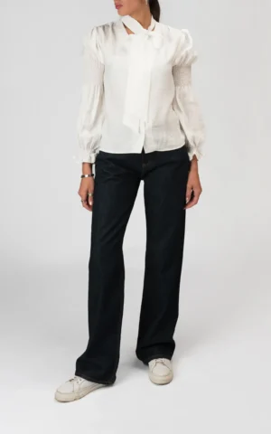 بلوز زنانه سفید یقه پاپیونی آستین بهار-تابستانه مجلسی نوادو