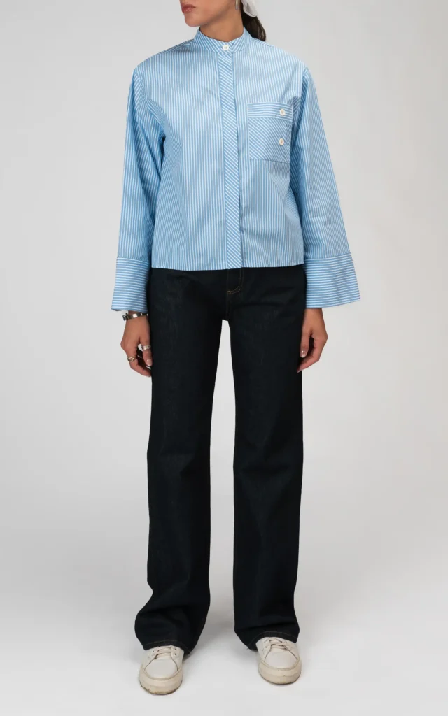 شومیز زنانه آستین بلند بهار-تابستانه آبی-سفید نوادو