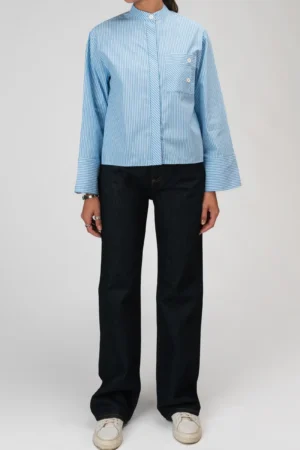 شومیز زنانه آستین بلند بهار-تابستانه آبی-سفید نوادو