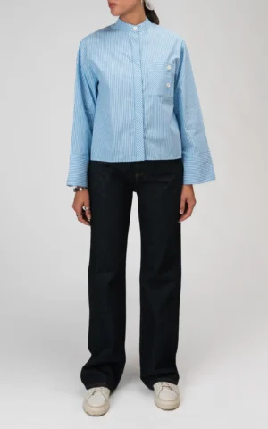 شومیز زنانه آستین بلند بهار-تابستانه آبی-سفید نوادو