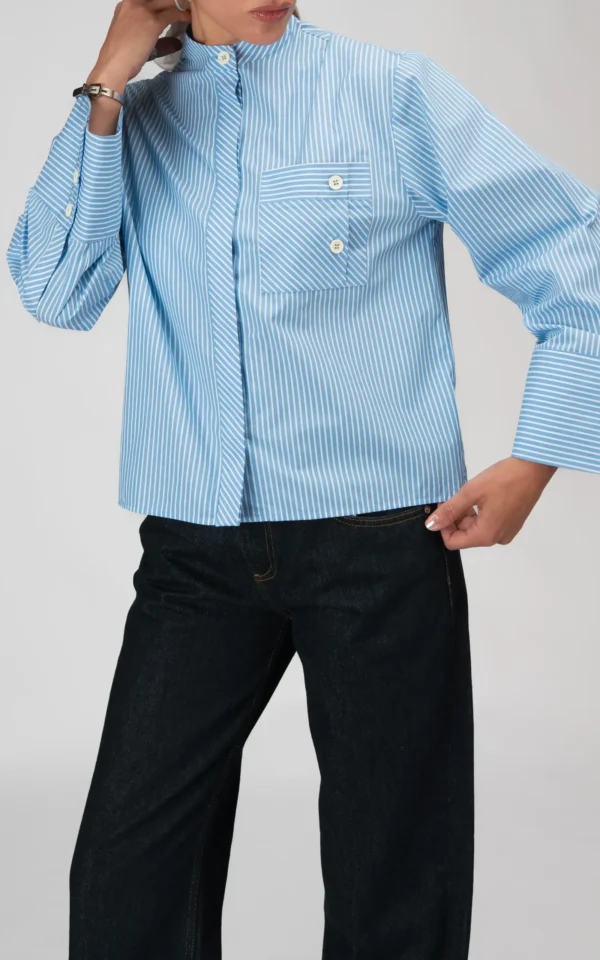 شومیز زنانه آستین بلند بهار-تابستانه آبی-سفید نوادو