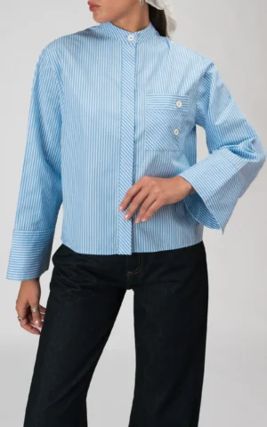 شومیز زنانه آستین بلند بهار-تابستانه آبی-سفید نوادو