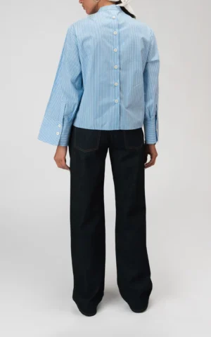 شومیز زنانه آستین بلند بهار-تابستانه آبی-سفید نوادو