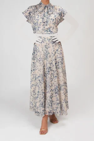 دامن زنانه طرح‌دار طرح‌گل بهار-تابستانه آبی سفید راحت نوادو