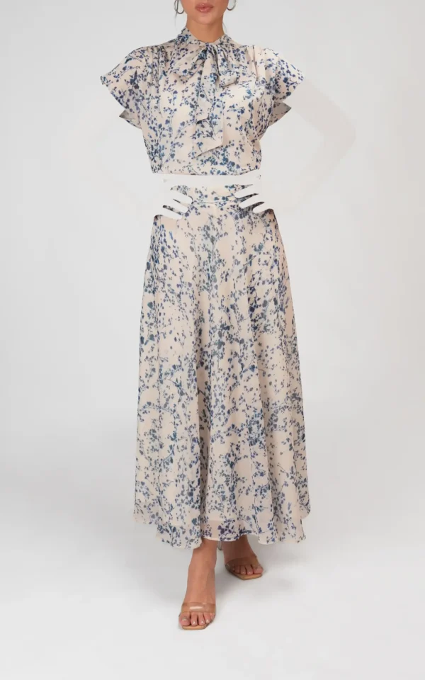 دامن زنانه طرح‌دار طرح‌گل بهار-تابستانه آبی سفید راحت نوادو