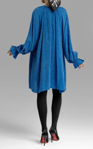 پیراهن زنانه آستین بلند پفی آبی رنگ نقطه دار