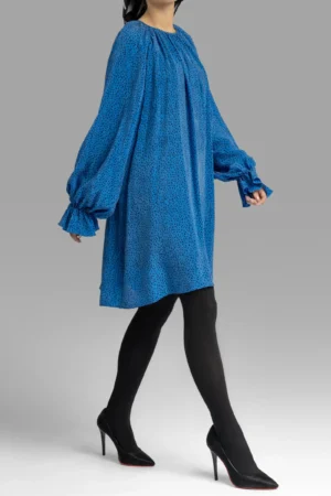 پیراهن زنانه آستین بلند پفی آبی رنگ نقطه دار