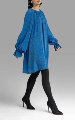 پیراهن زنانه آستین بلند پفی آبی رنگ نقطه دار