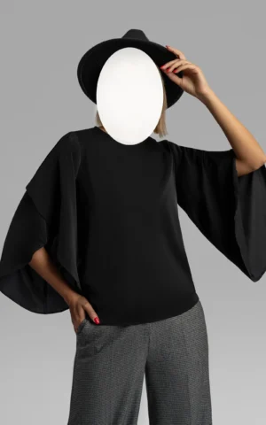 نمای رو به رو بلوز زنانه مشکی رنگ آستین مدل‌دار نوادو