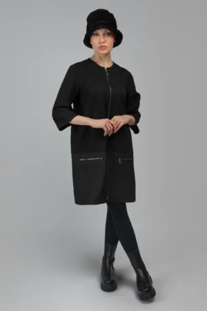 کت زنانه مشکی زیپ‌دار پاییز-زمستانه آستین سه ربع نوادو