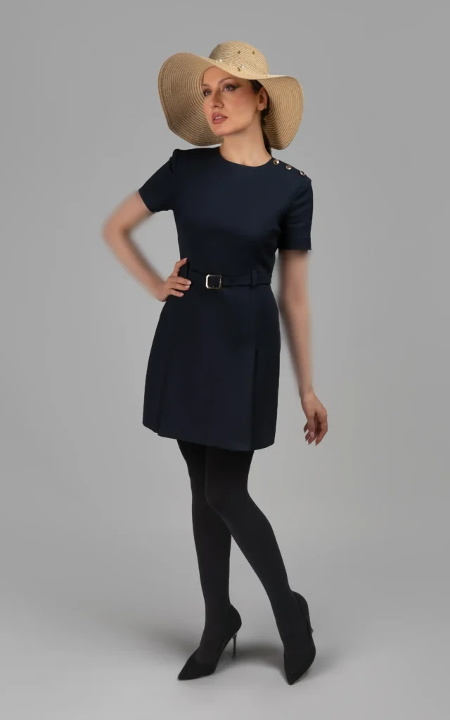 پیراهن زنانه کمربنددار سرمه‌ای رنگ پاییز-زمستانه آستین کوتاه رسمی دامن‌دار نوادو