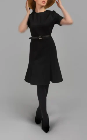 پیراهن زنانه مشکی پاییز-زمستانه کمربنددار آستین کوتاه نوادو