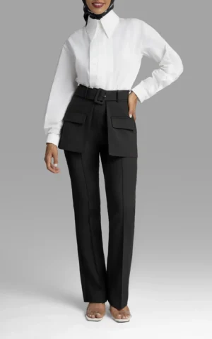 نمای قدی رو به رو شلوار زنانه مشکی مدل دامن‌دار راسته نوادو