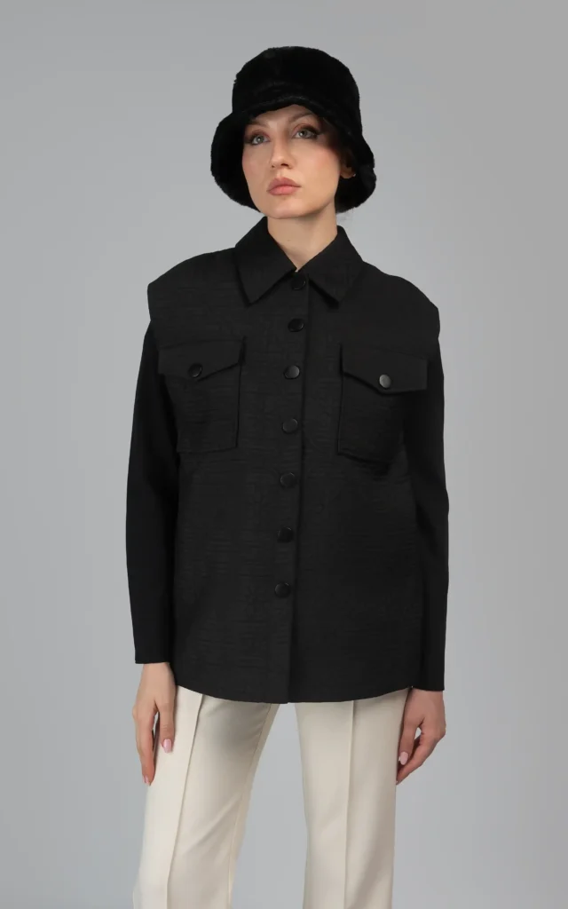 کت زنانه مشکی طرح‌دار پاییز-زمستانه دکمه‌دار نوادو