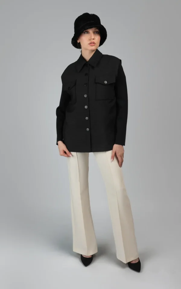 کت زنانه مشکی طرح‌دار پاییز-زمستانه دکمه‌دار نوادو