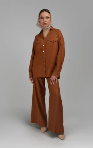 شومیز زنانه آجری رنگ پاییز-زمستانه یقه‌دار آستین بلند نوادو