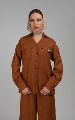 شومیز زنانه آجری رنگ پاییز-زمستانه یقه‌دار آستین بلند نوادو