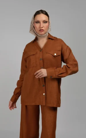 شومیز زنانه آجری رنگ پاییز-زمستانه یقه‌دار آستین بلند نوادو