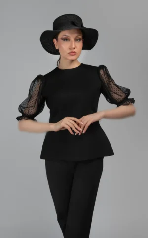 بلوز زنانه مشکی مجلسی آستین توری آستین سه‌ربع پاییز-زمستانه نوادو