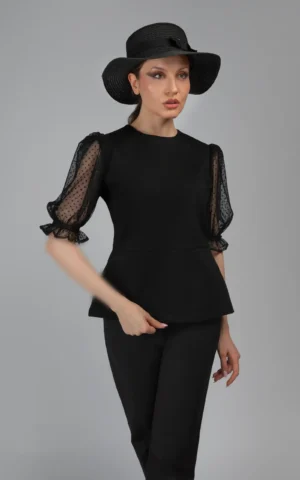 بلوز زنانه مشکی مجلسی آستین توری آستین سه‌ربع پاییز-زمستانه نوادو